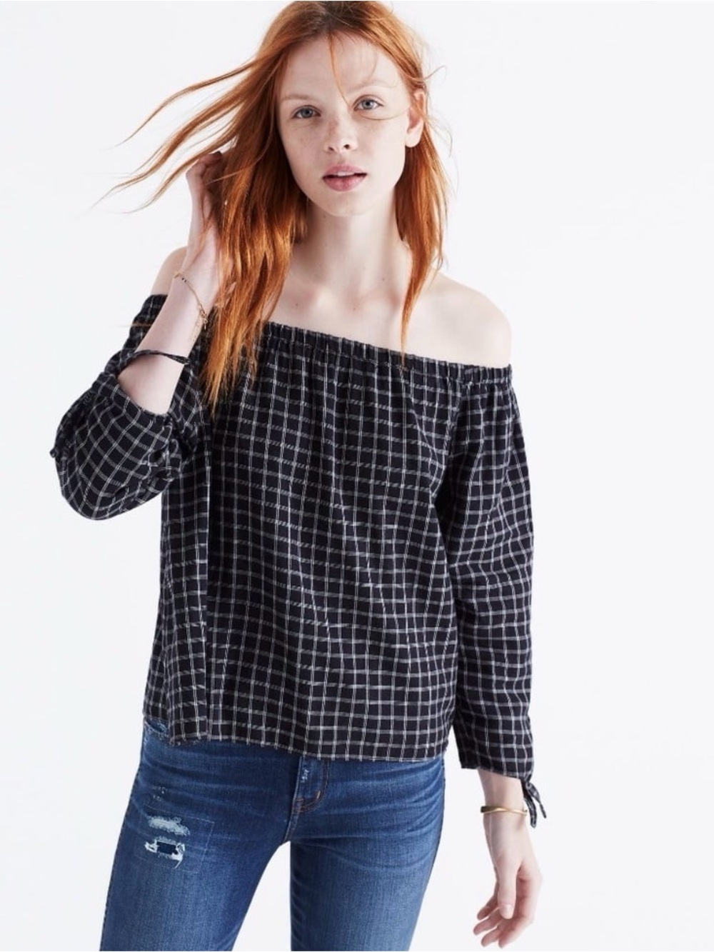 Madewell Black and White Plaid Off-Shoulder Blouse